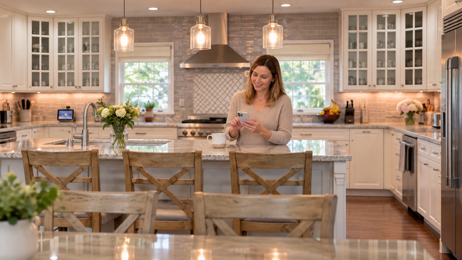 AI storyboard · Wide: Sam at the kitchen island with coffee, opening the app on her phone