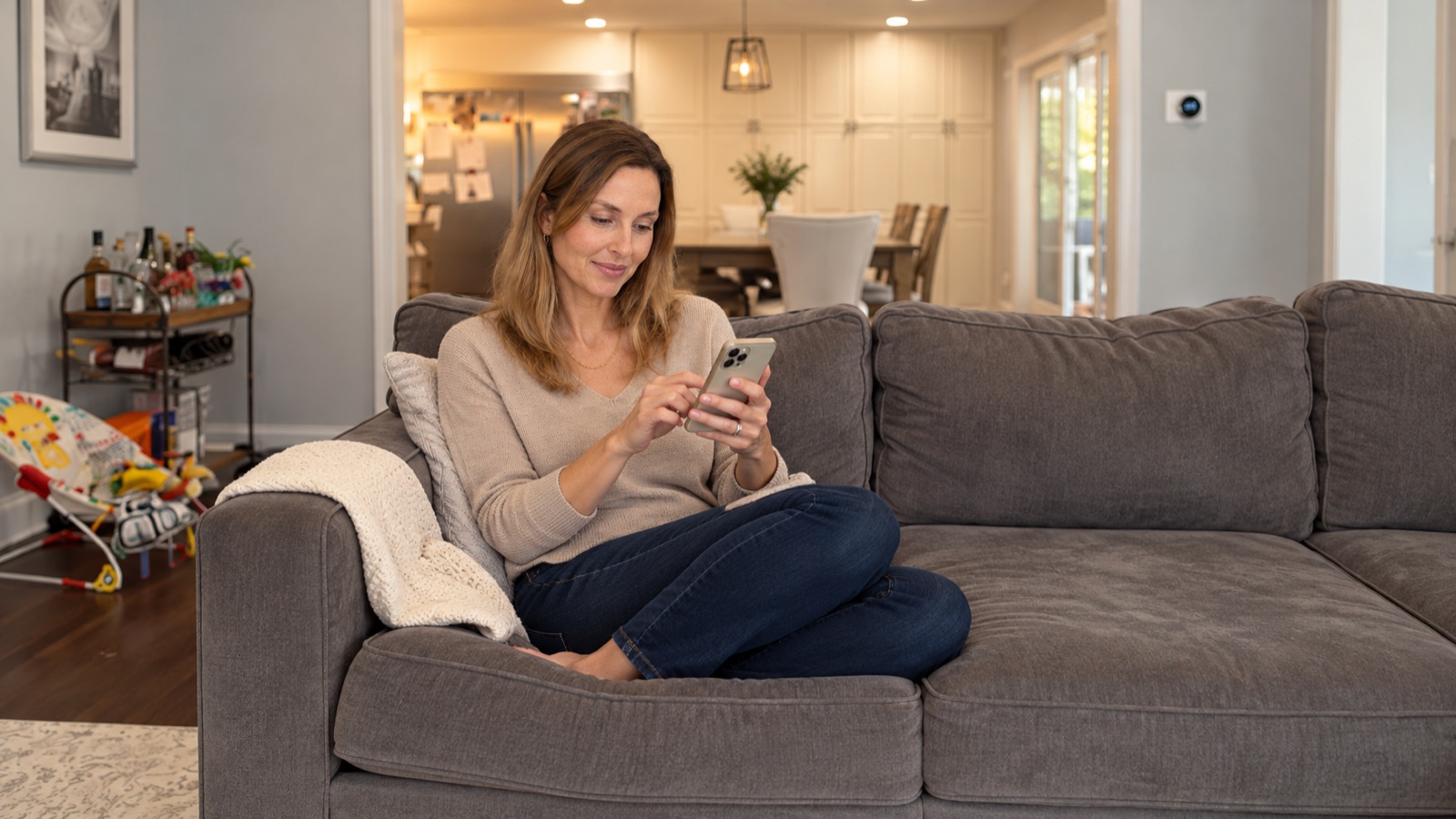 AI storyboard · Medium: Sam on the sectional, legs tucked, scrolling through the plan