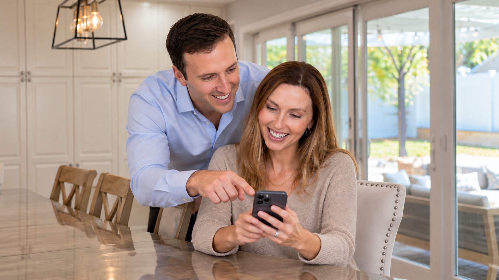 AI storyboard · Ben leaning over her shoulder, pointing at something, both laughing