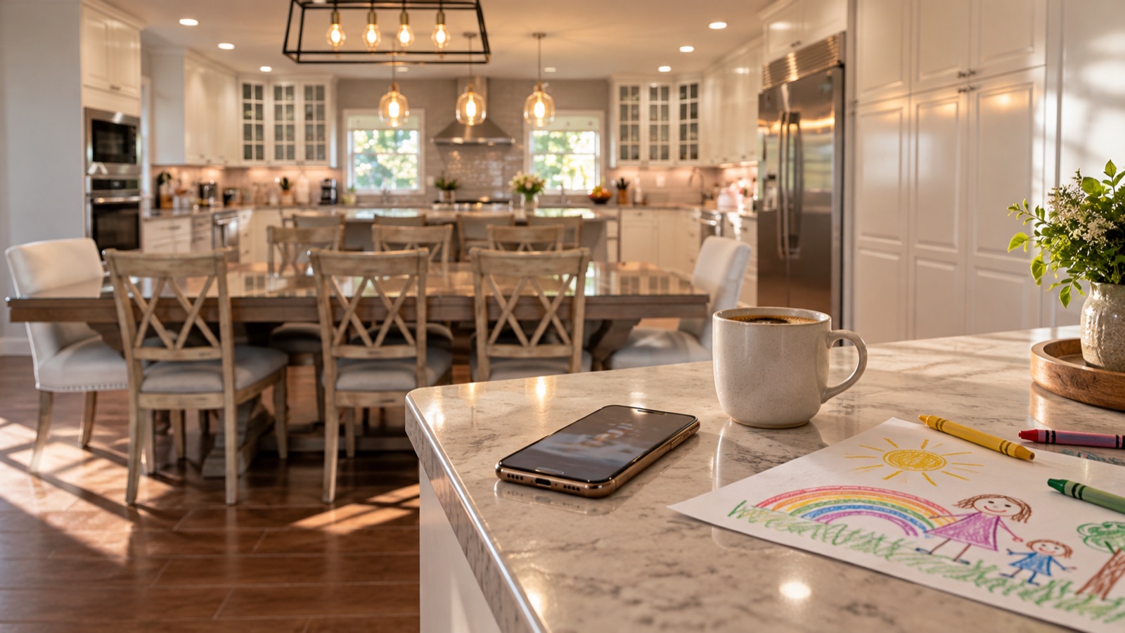 AI storyboard · Insert: phone resting on the counter next to a coffee mug and a kid’s drawing