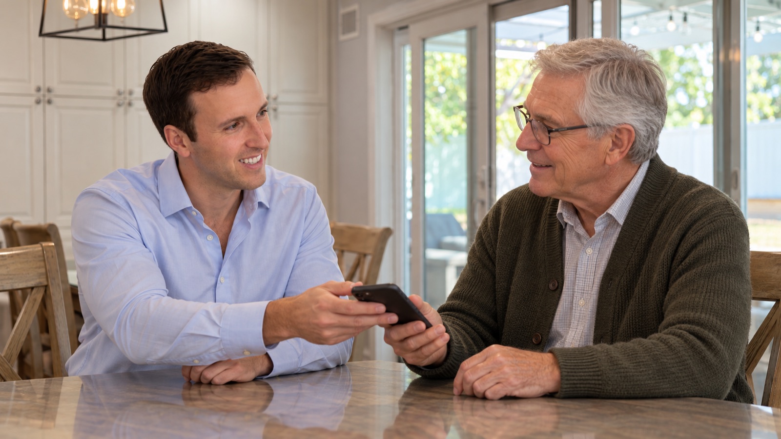 AI storyboard · Ben hands his father-in-law a phone with the plan started (“We started this for you” from the 12 Days list)