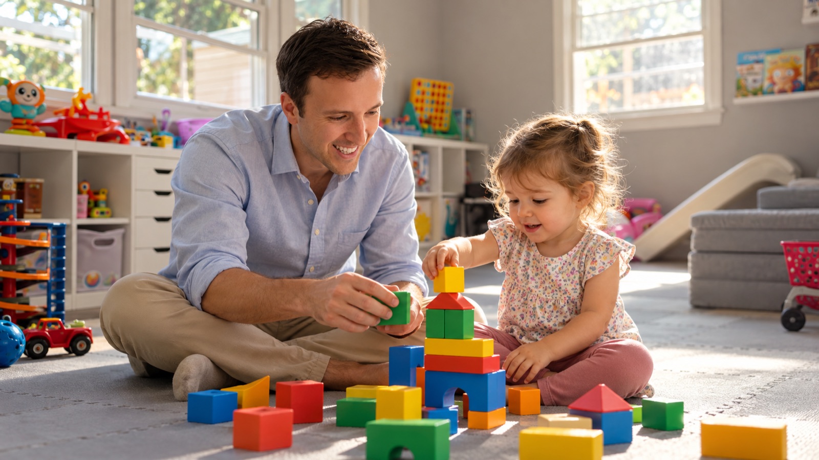 AI storyboard · Ben on the floor building with the youngest