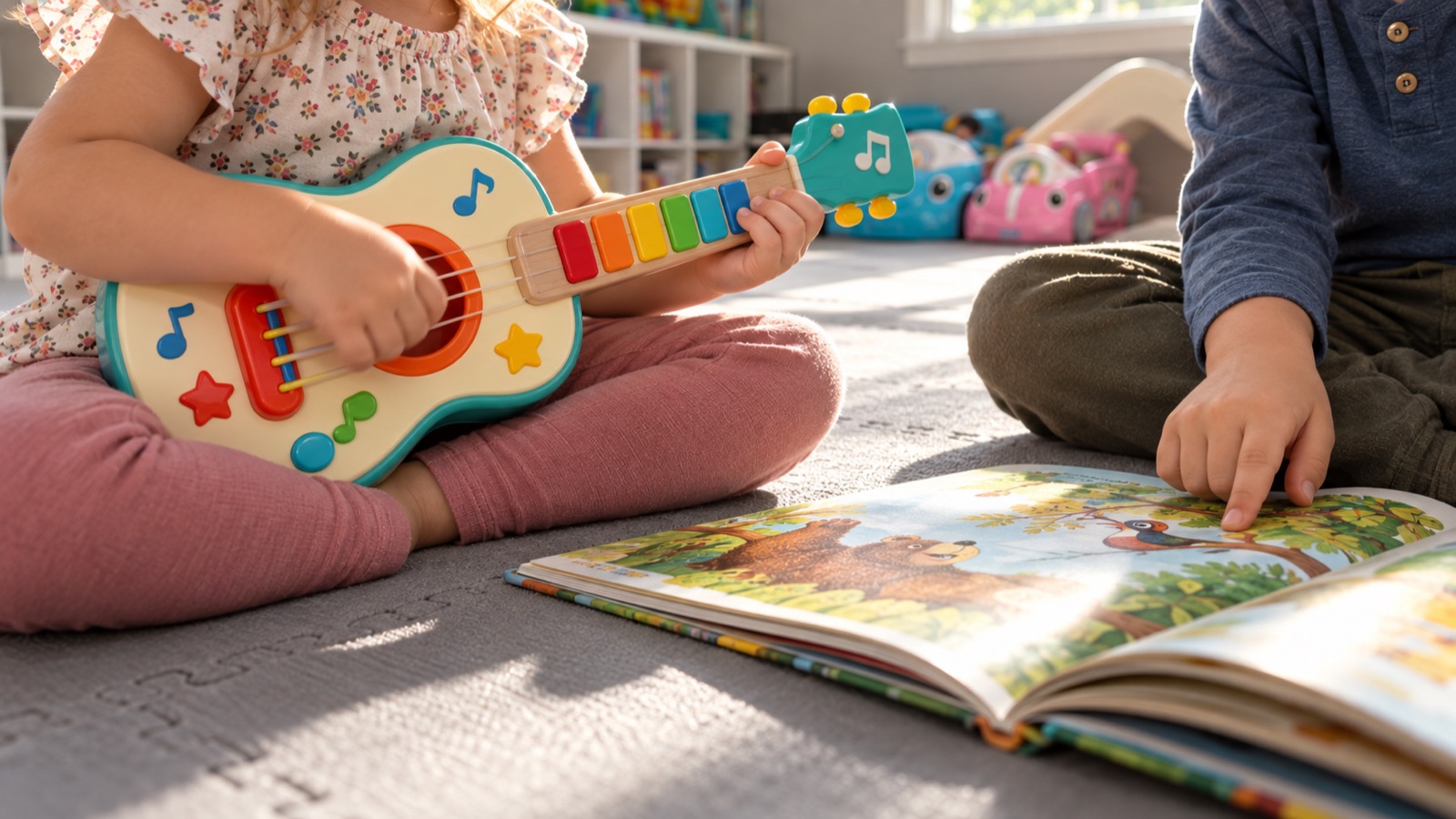 AI storyboard · Close-ups: small hands with toys, books, the toy guitar