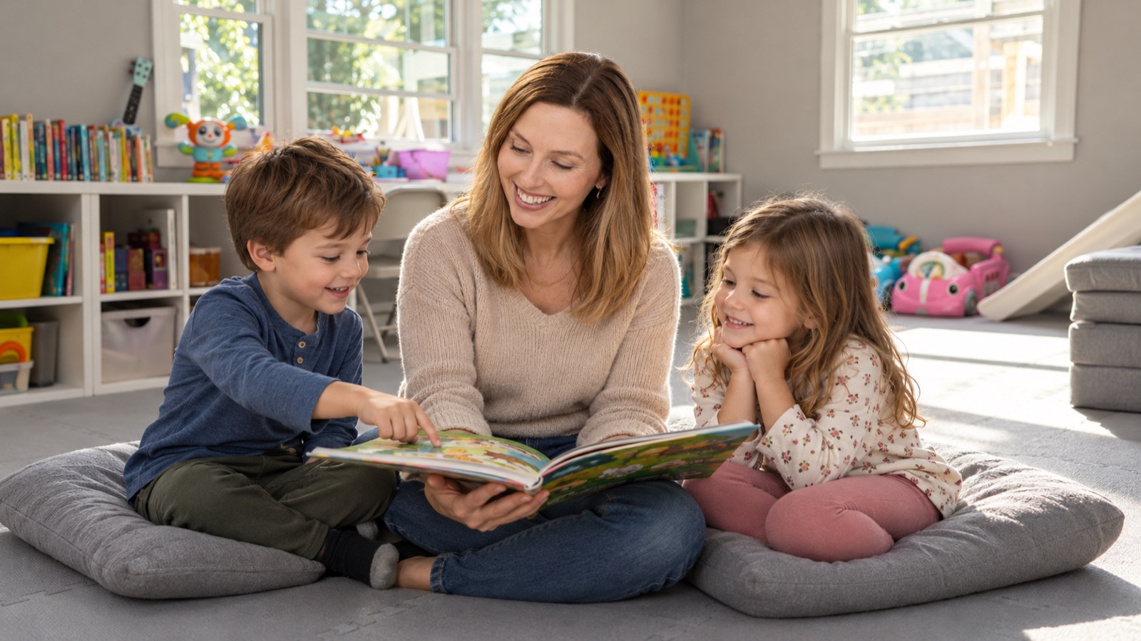 AI storyboard · Sam reading a book to one or two kids