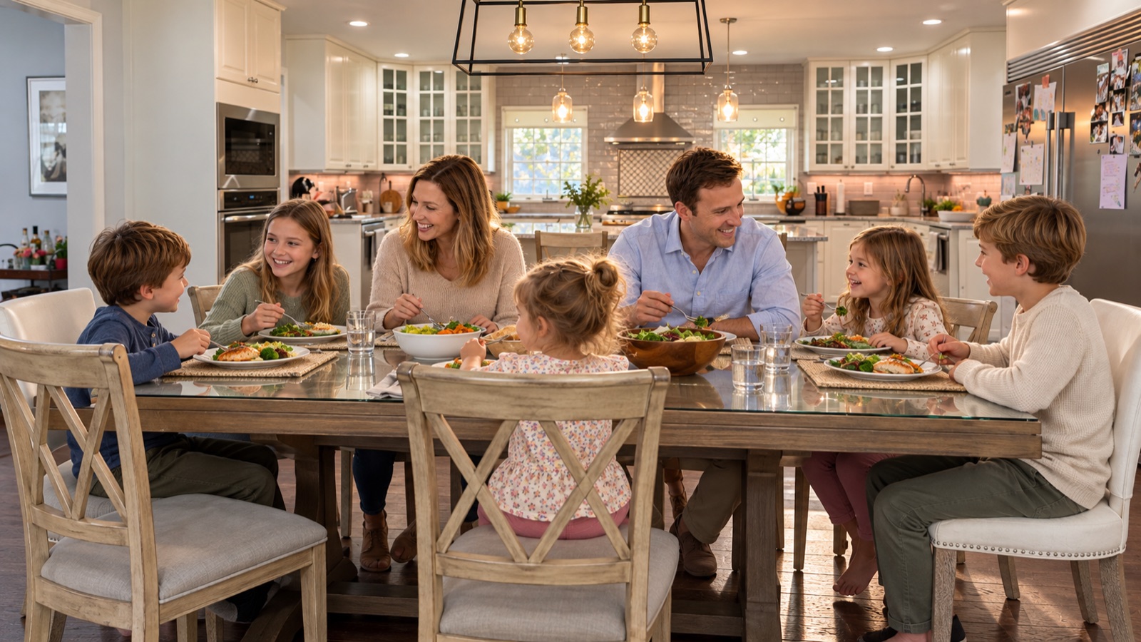 AI storyboard · Wide: whole family around the table, “dinner-ish energy” (12 Days: “The conversation at the table”)