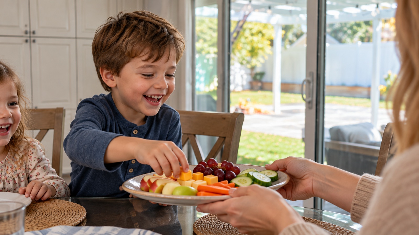 AI storyboard · Close-ups: passing a plate, a kid laughing, hands reaching for snacks