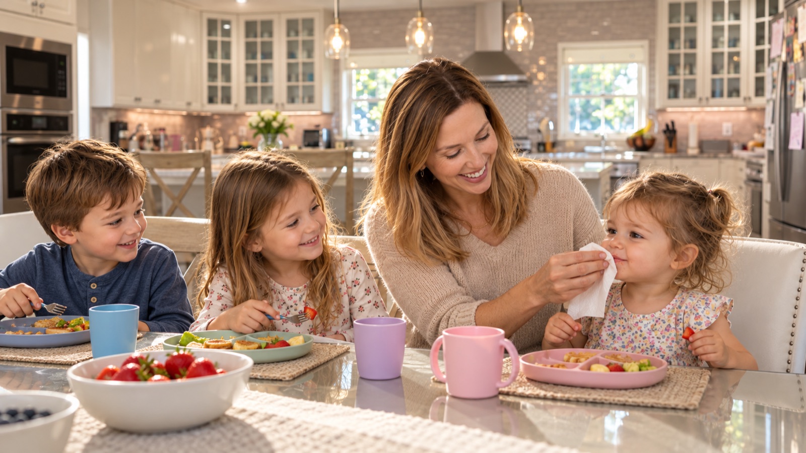 AI storyboard · Ben or Sam wiping a face or pouring milk, real parenting moments