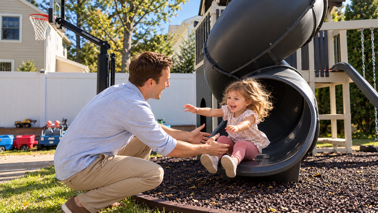 AI storyboard · Slow-motion: a kid going down the slide into Ben’s arms