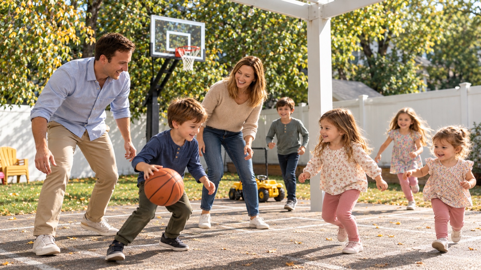 AI storyboard · Wide: yard with the house behind, family playing together
