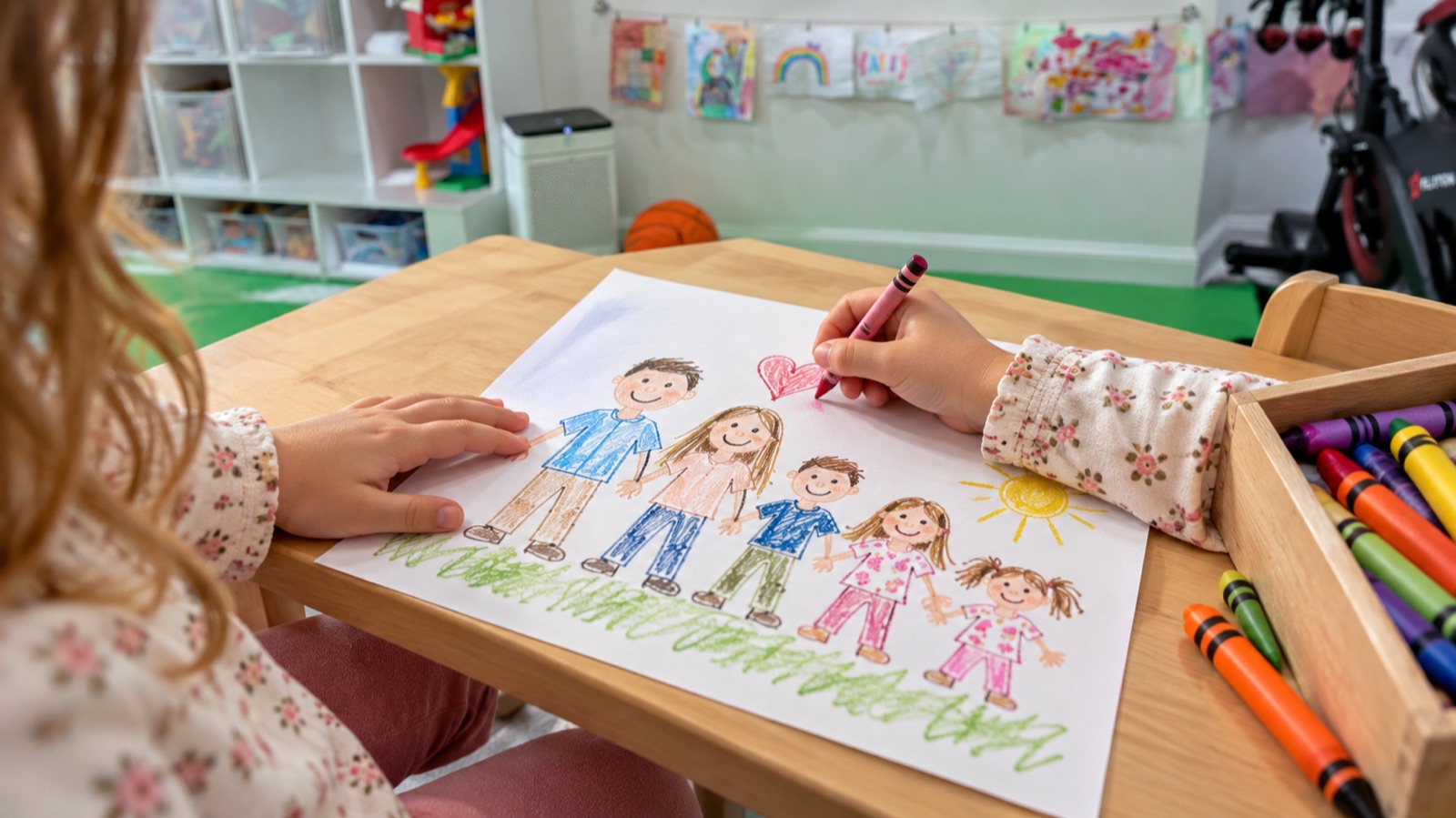AI storyboard · Close-up: a kid drawing their family (great for future legacy content)