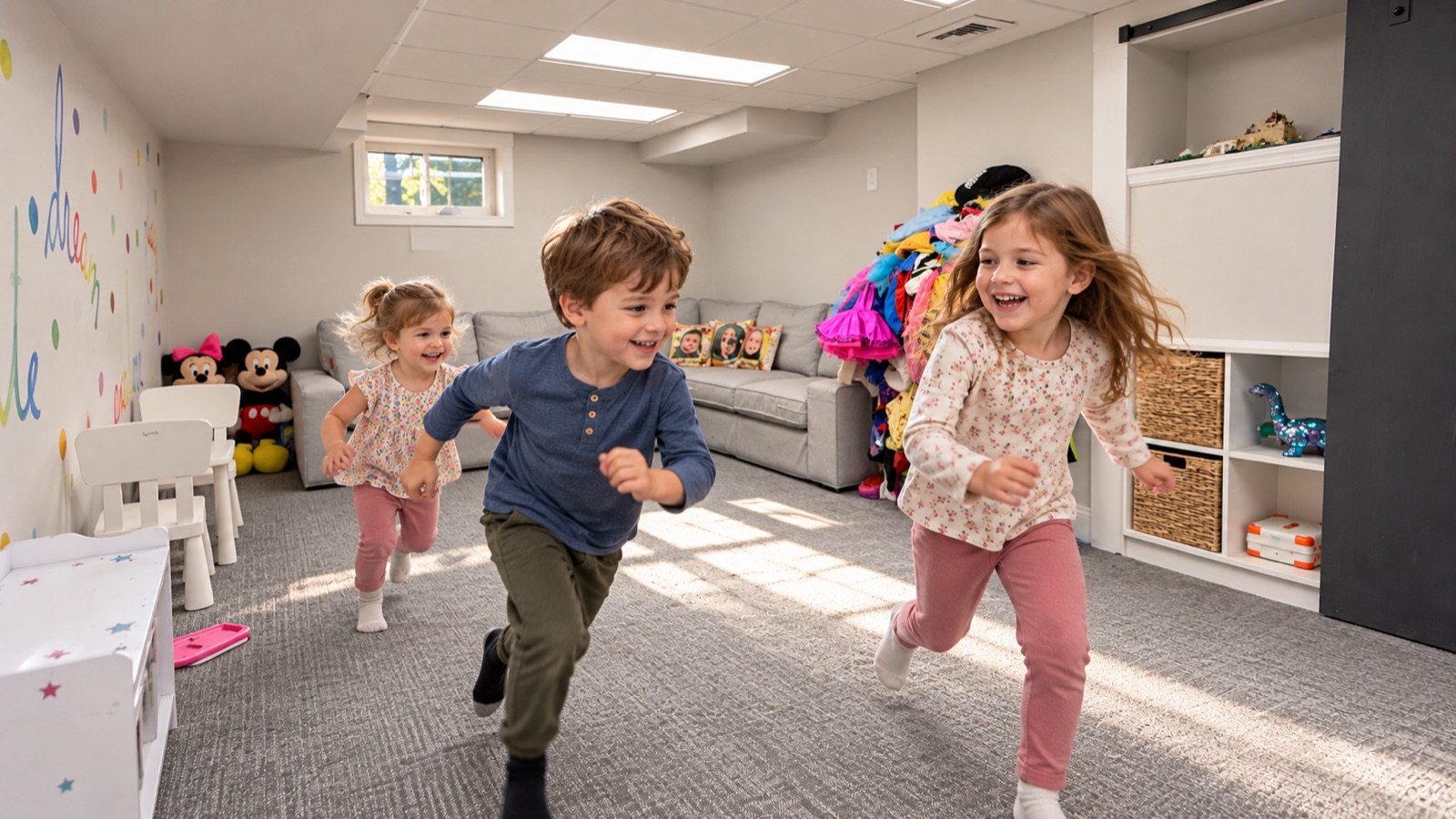 AI storyboard · Kids running or playing a game in the open space