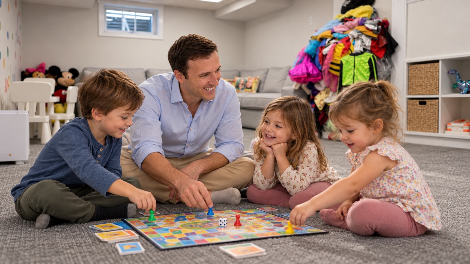 AI storyboard · Ben sitting on the floor with the kids, joining in