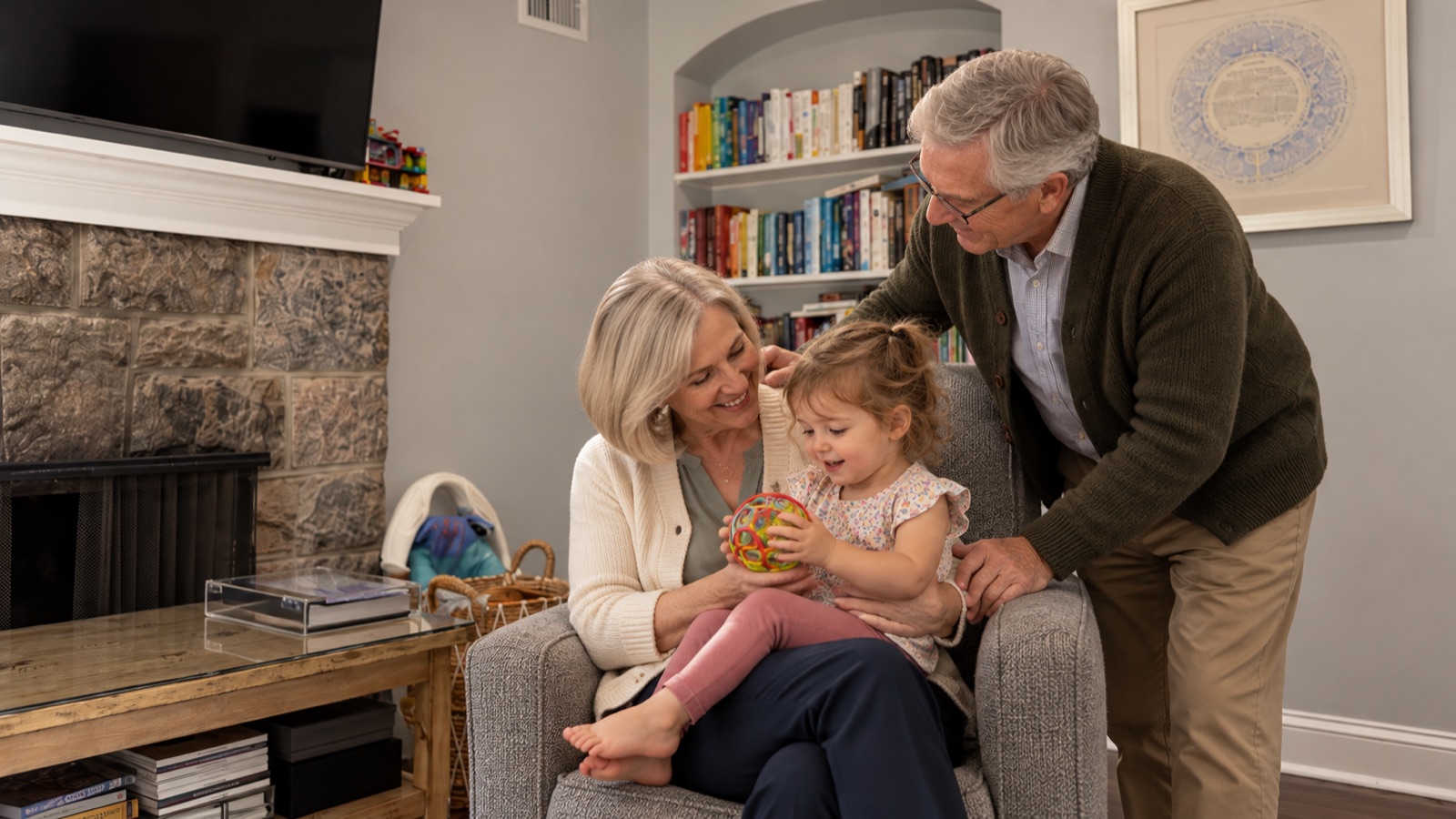 AI storyboard · Sam’s parents holding the youngest, or each holding one (“New grandparent, new questions”)