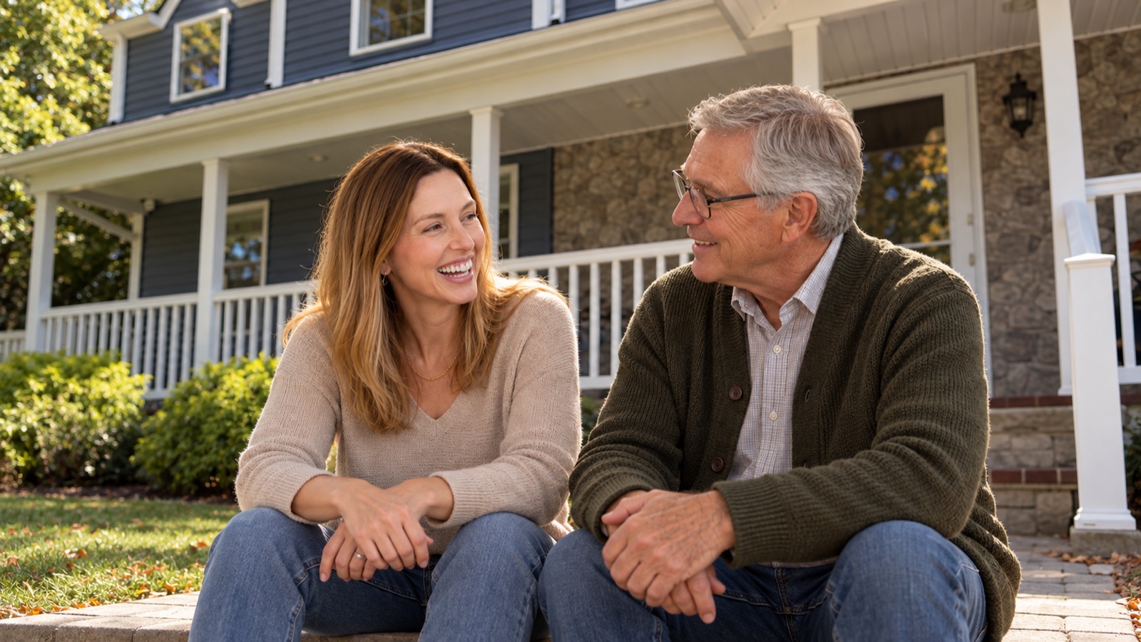 AI storyboard · Sam and one parent laughing on the porch, no dialogue (“For the parent who says they don’t need anything”)
