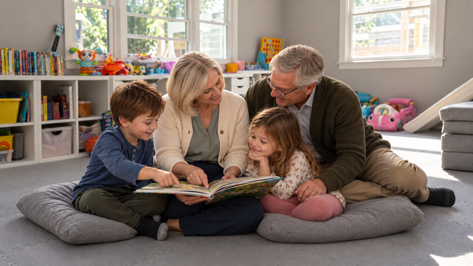AI storyboard · Grandparents reading to or playing with the kids