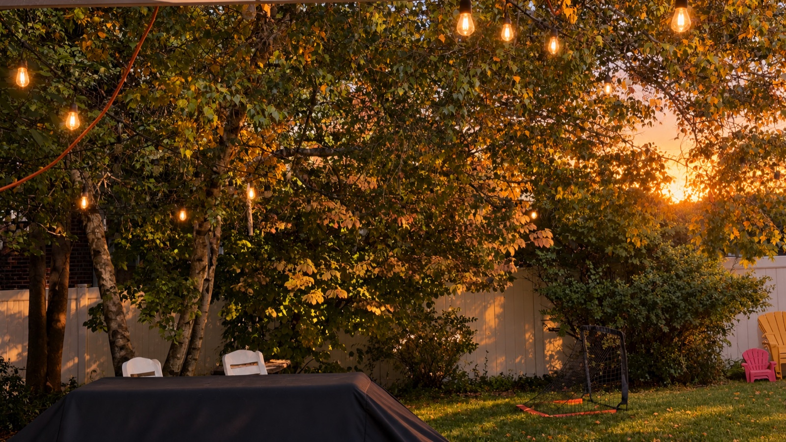 AI storyboard · Wide: string lights coming on as the sun drops