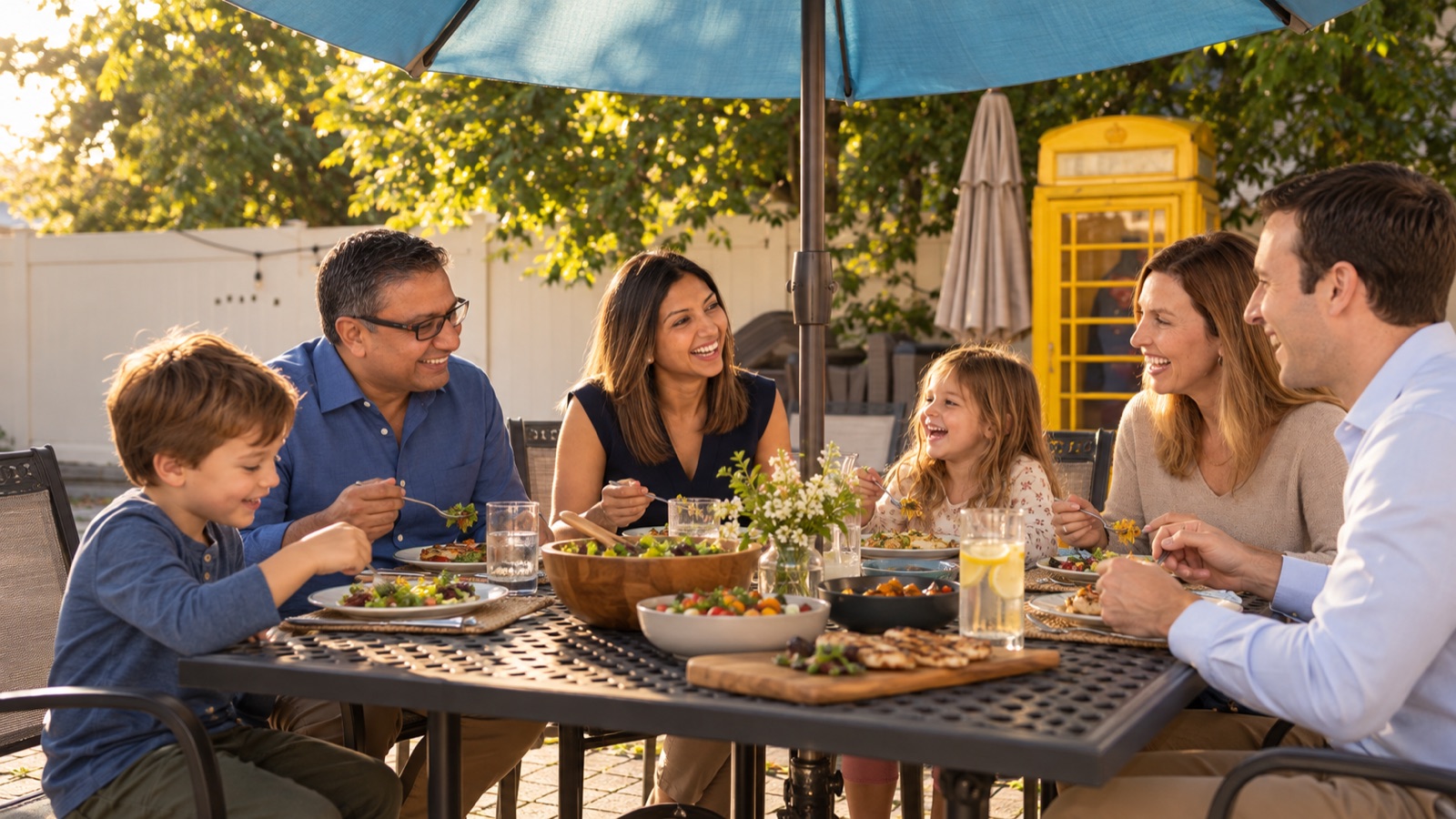 AI storyboard · Founders mixing in with the family, laughing, eating