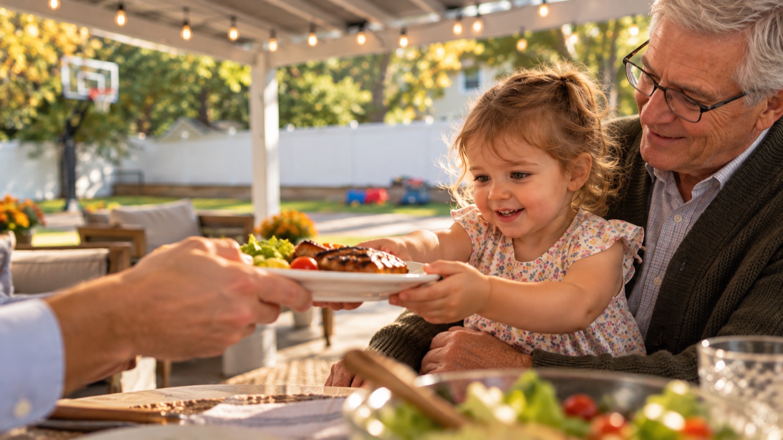 AI storyboard · Close-ups: hands passing dishes, string lights out of focus, a kid on a grandparent’s lap