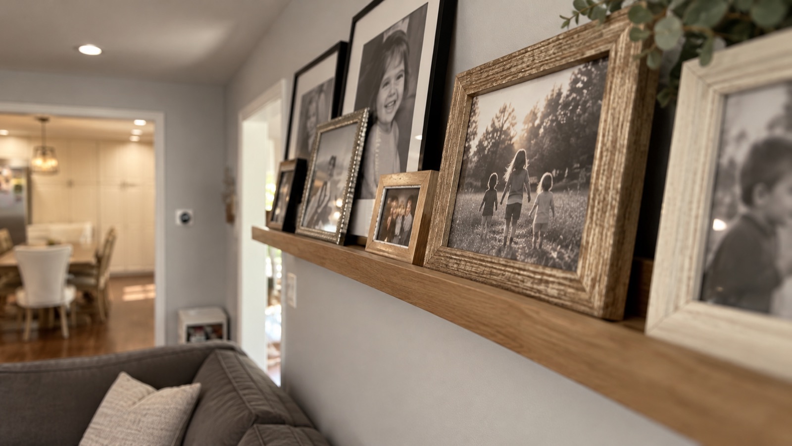 AI storyboard · Photo ledges in the living room, slow push-ins