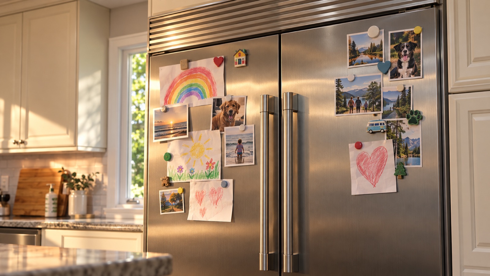 AI storyboard · Fridge photos and magnets (after a privacy check)