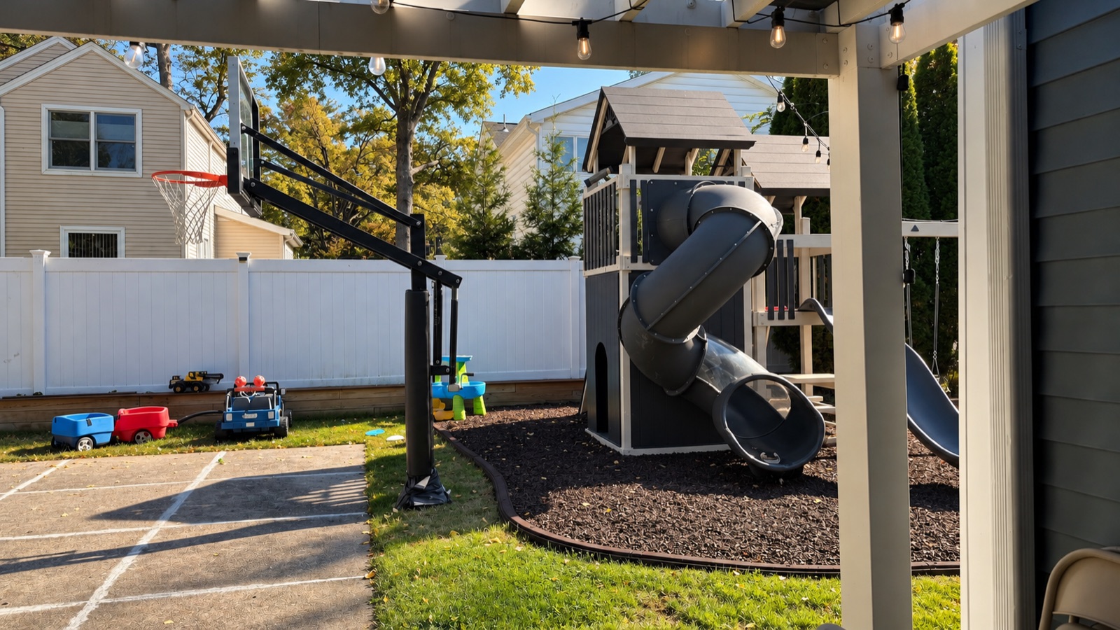 AI storyboard · Backyard: empty swings, play set, string lights, patio